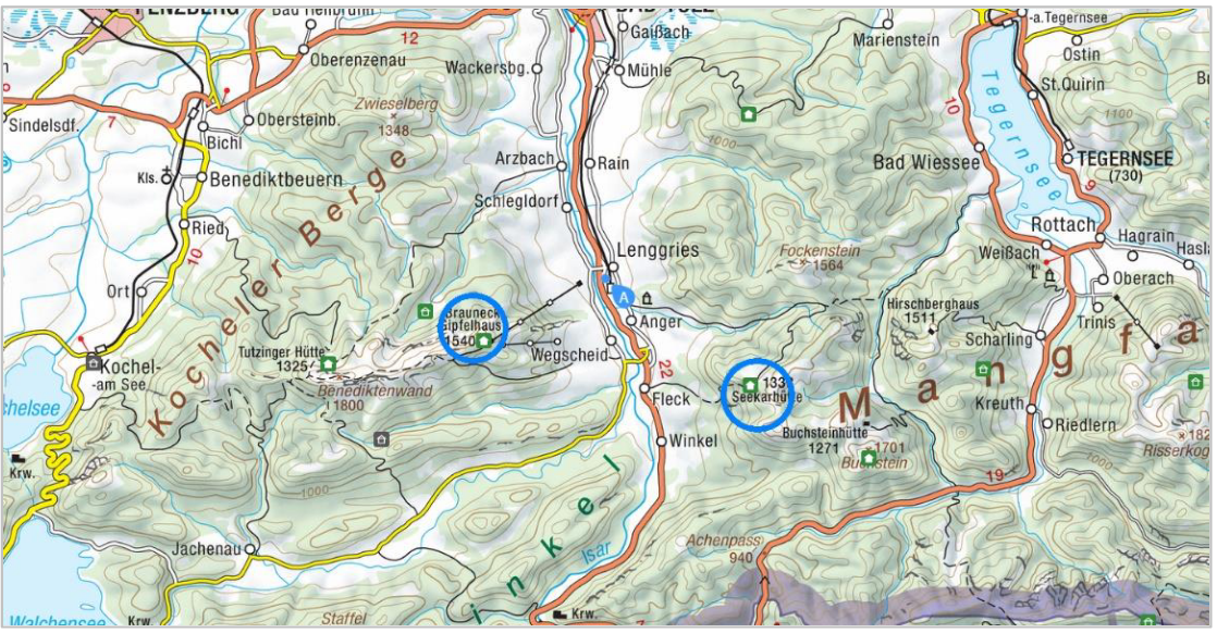 Seekarhütte & Brauneck-Gipfelhaus | © Alpenvereinskarte BY 11 / BY 13. Ausschnitt //  https://www.alpenvereinaktiv.com/de/tourenplaner/